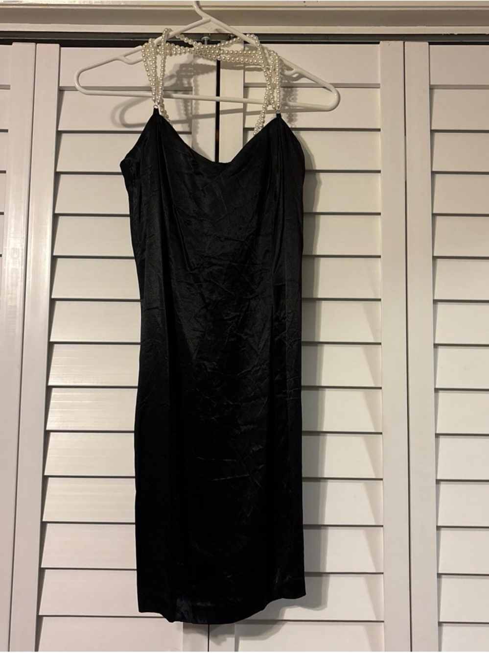 Rampage Black Midi Slip Dress with Pearl-Strap Accents